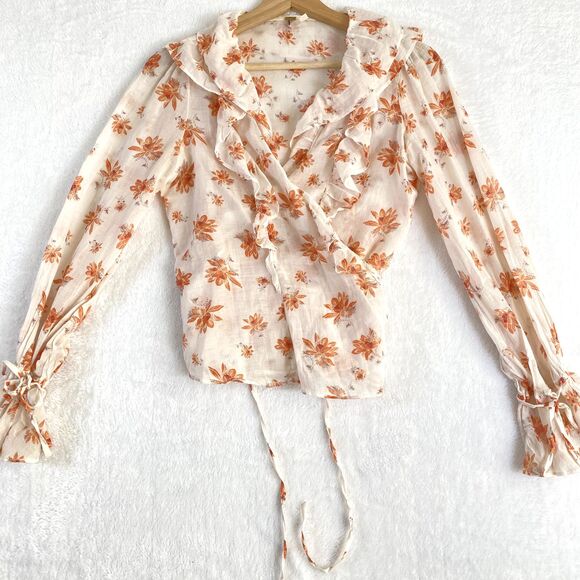 Free People Amanda Accent Blouse Top Sz XS Ruffle Floral Wrap Boho Gauzy Sheer - Picture 2 of 10